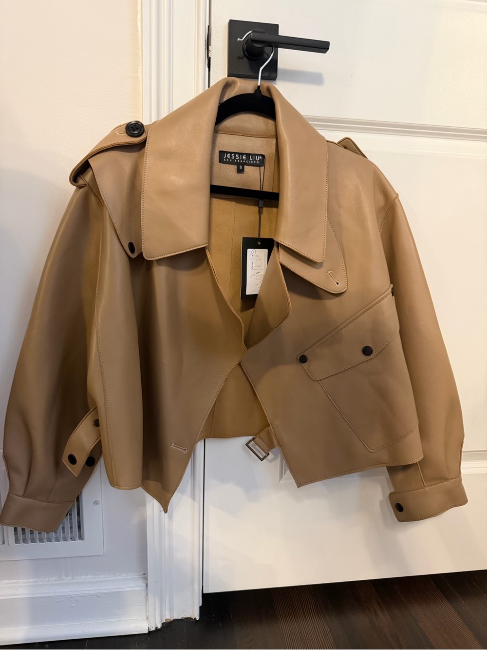 NWT Jessie Liu Tan Lambskin Leather Oversized Moto Jacket Size S